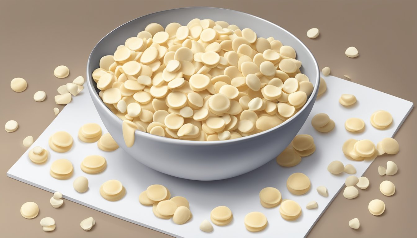 A pile of white chocolate chips sits on a clean, white countertop, surrounded by a few scattered chips. A calendar hangs on the wall, marking the current date