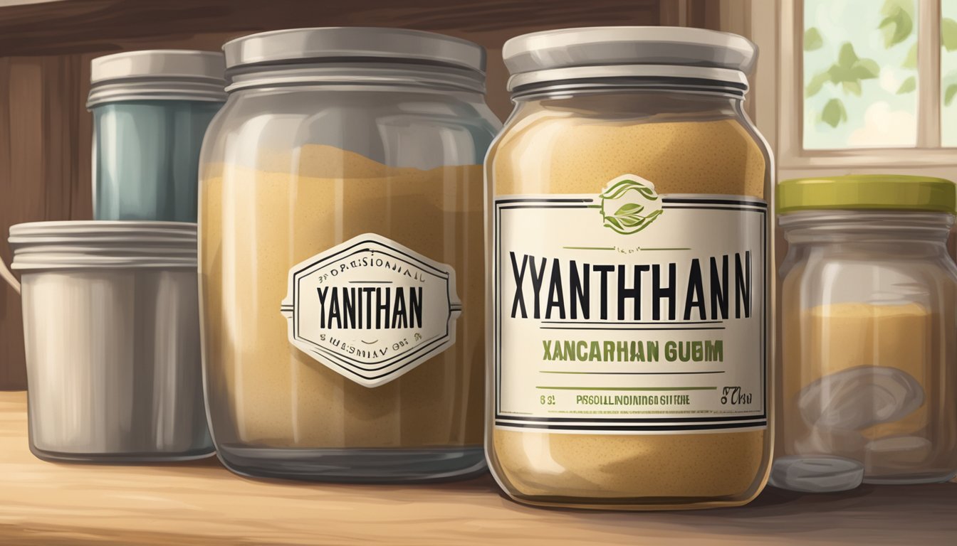 A jar of xanthan gum sits on a shelf in a warm, humid kitchen. The label is faded, indicating it has been there for some time