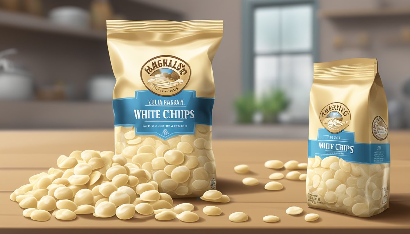 A sealed bag of white chocolate chips sits in a dry pantry, away from direct sunlight and heat sources