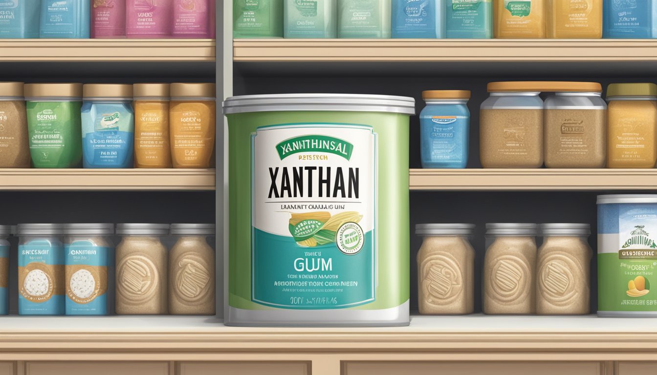 A sealed container of xanthan gum sits on a pantry shelf, with a best-by date clearly displayed