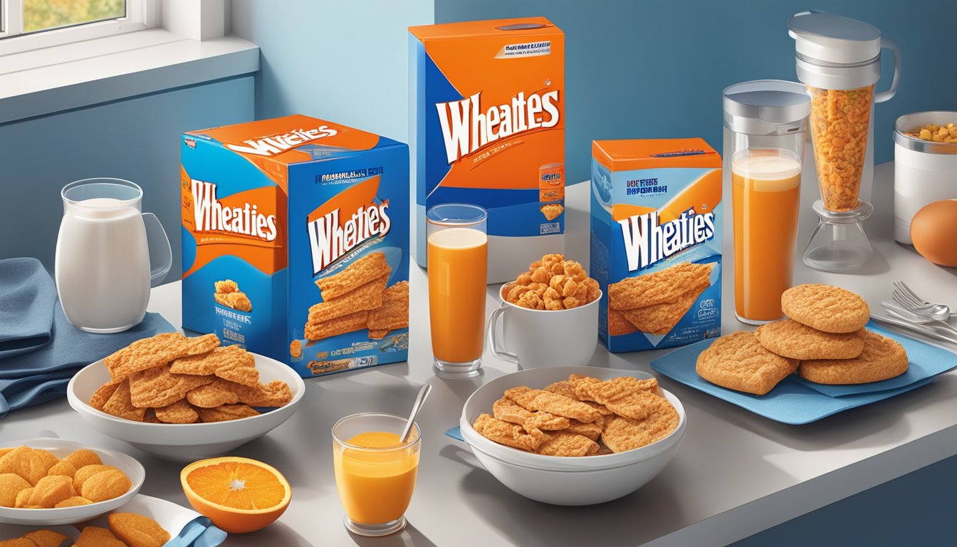 A box of Wheaties sits on a kitchen counter, surrounded by other breakfast items. The iconic orange and blue packaging stands out against the backdrop