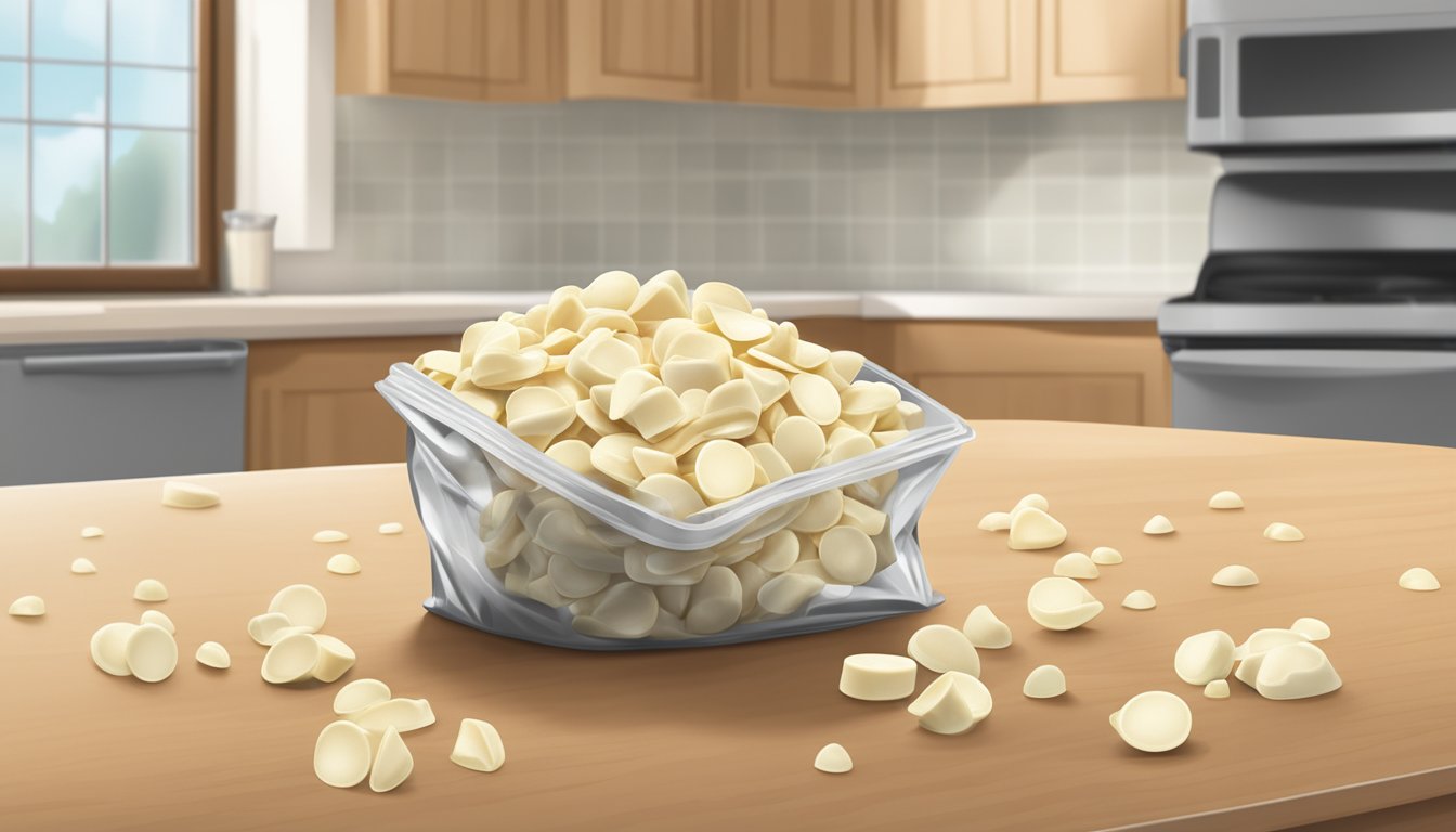 A bag of white chocolate chips on a kitchen counter, alongside a printed expiration date