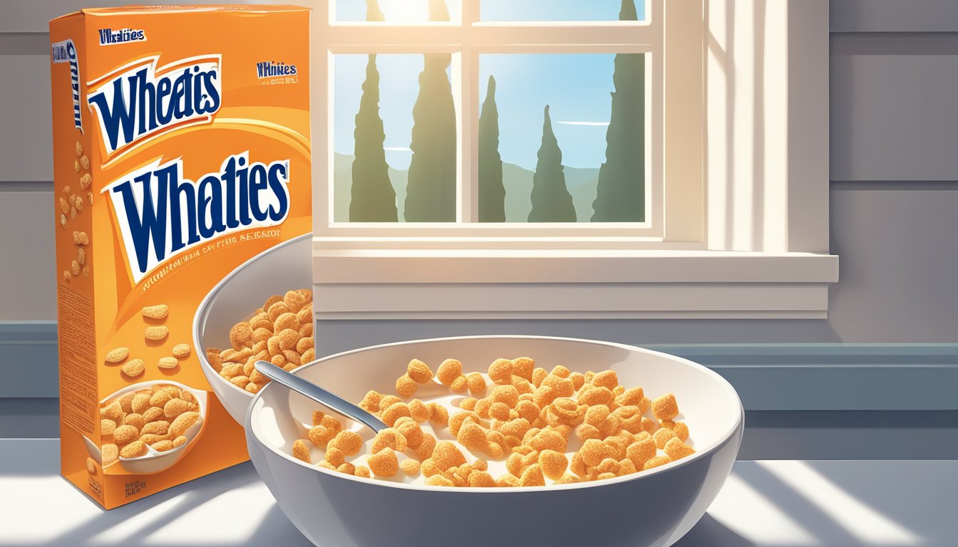 A bowl of Wheaties cereal sits on a kitchen counter next to a carton of milk and a spoon. The morning sunlight streams through the window, casting a warm glow on the scene