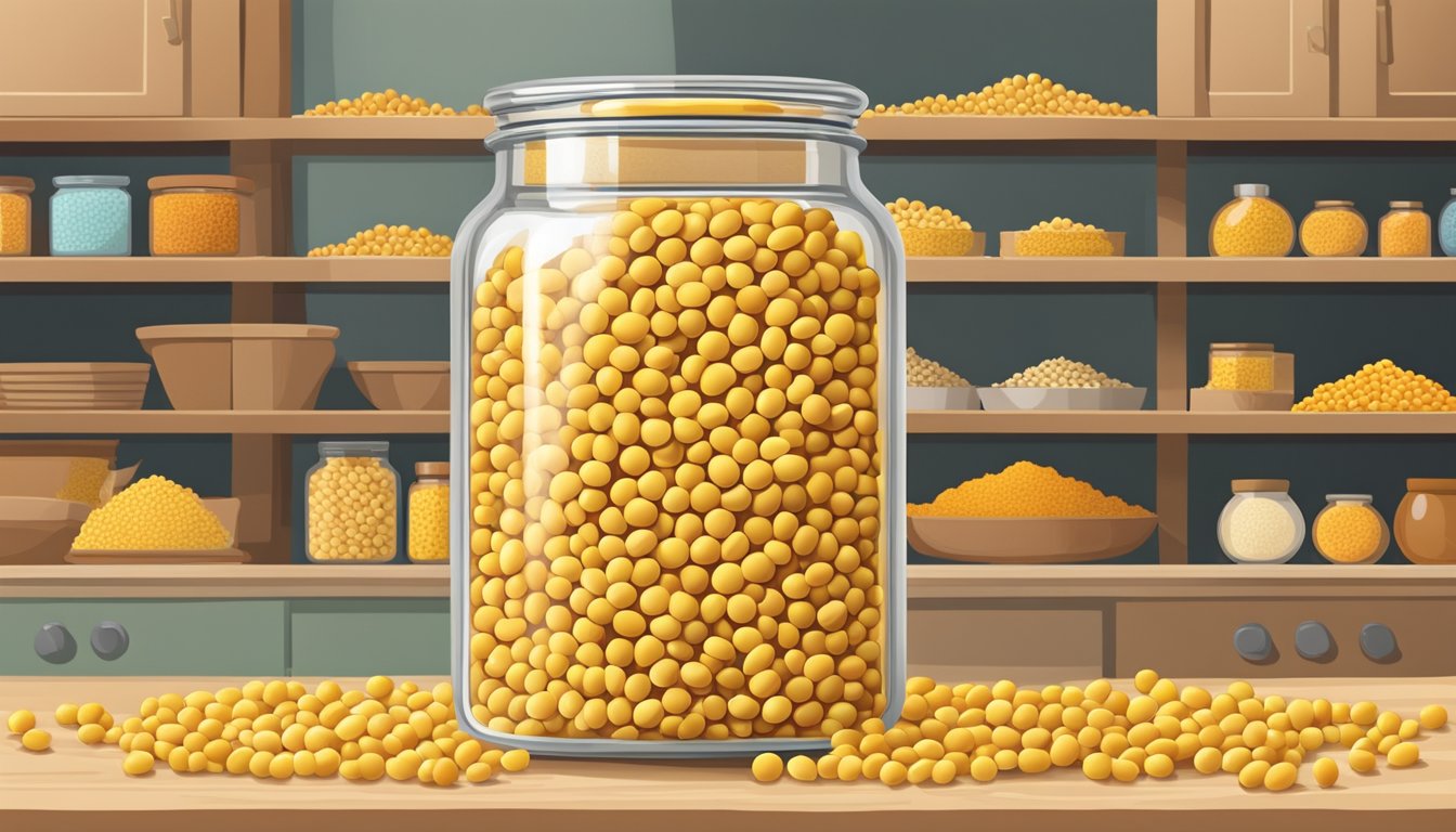 A jar of yellow split peas sits on a kitchen shelf, surrounded by other dry goods. The peas are dry and intact, with no signs of spoilage