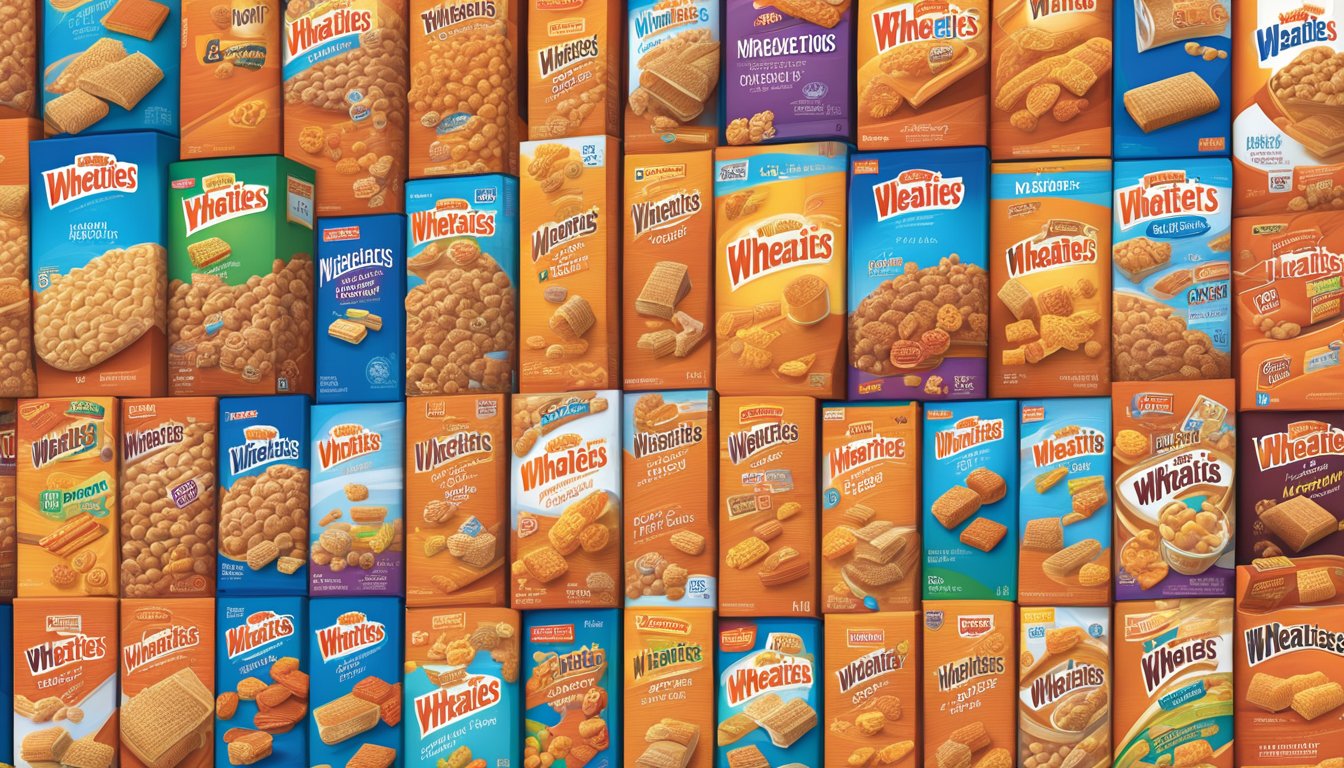 A shelf filled with various boxes of Wheaties cereal, showcasing the different varieties and ingredients