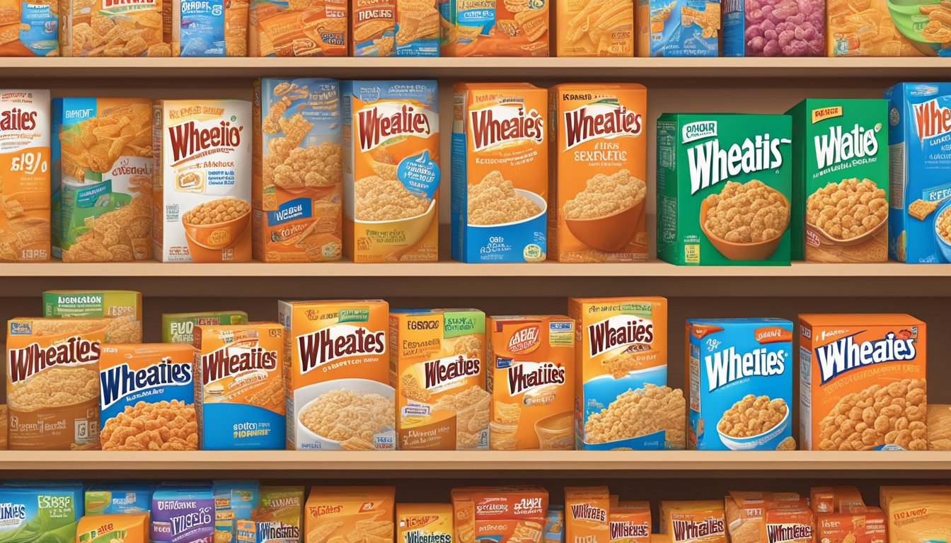 A box of Wheaties sits on a pantry shelf, surrounded by other cereal boxes. The expiration date is clearly visible on the packaging