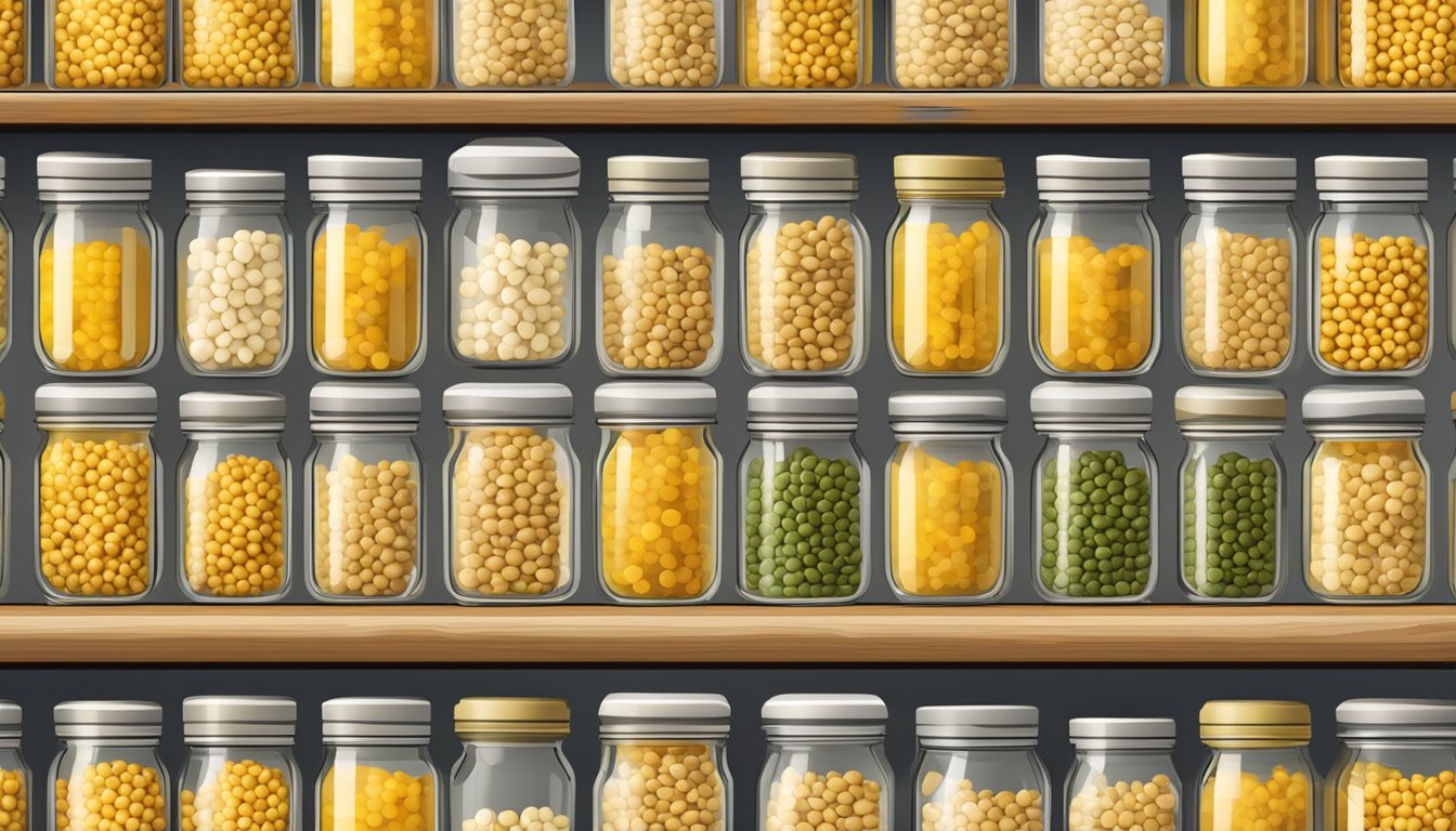 A pantry shelf with neatly organized jars of yellow split peas, alongside a temperature and humidity gauge