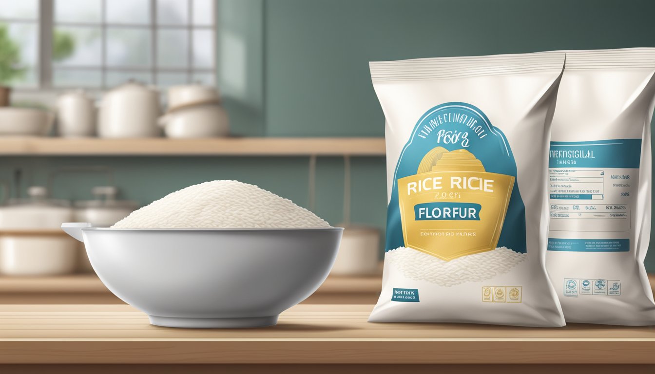 A bag of white rice flour sits on a kitchen shelf, sealed and untouched. The expiration date is visible on the packaging