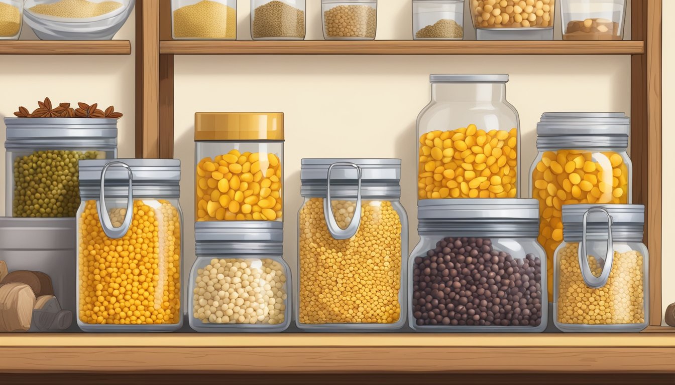 A pantry shelf with a clear glass jar filled with yellow split peas, surrounded by other dry goods and spices