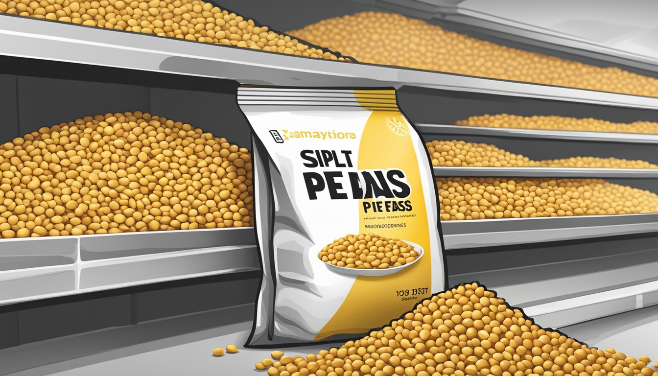 A bag of yellow split peas sits on a clean, dry shelf with a clearly labeled expiration date