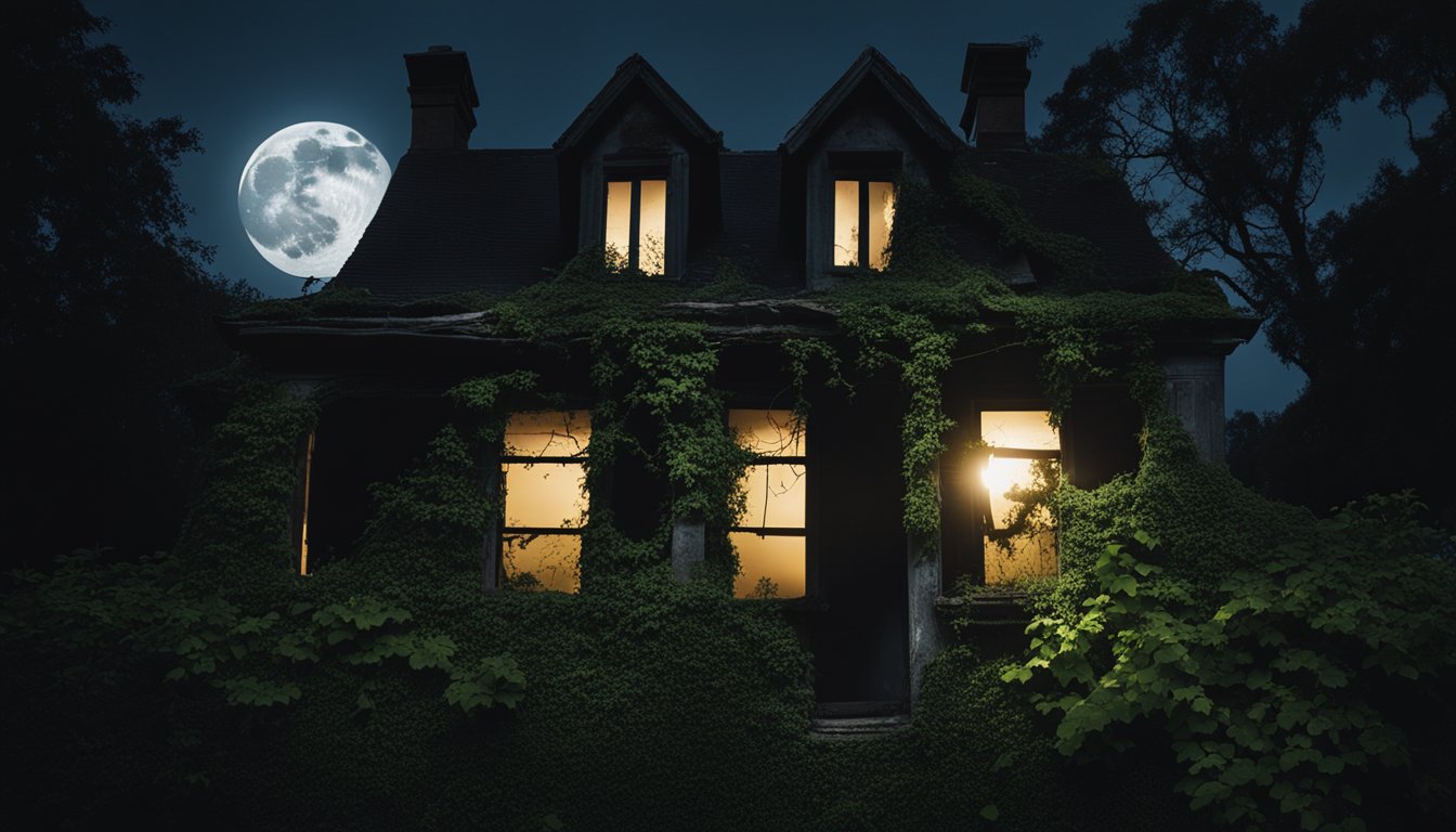 Uma casa escura e abandonada, com janelas quebradas e cipós crescidos subindo pelas paredes. Uma lua cheia emite um brilho sinistro, iluminando a silhueta ominosa da casa.