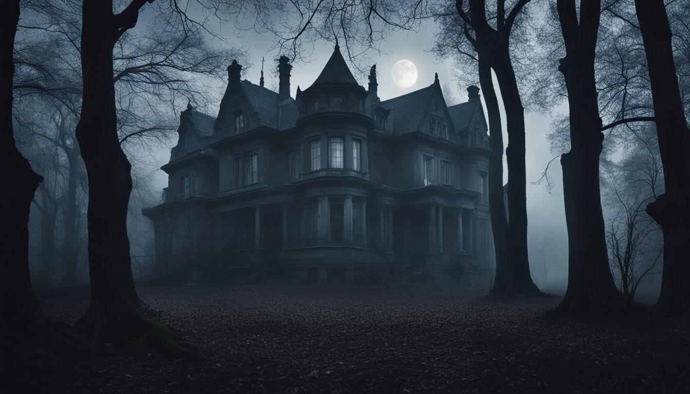 Uma floresta escura e sinistra com árvores retorcidas e uma lua cheia projetando sombras ominosas. Uma mansão antiga e decrépita se ergue ao fundo, cercada por névoa.