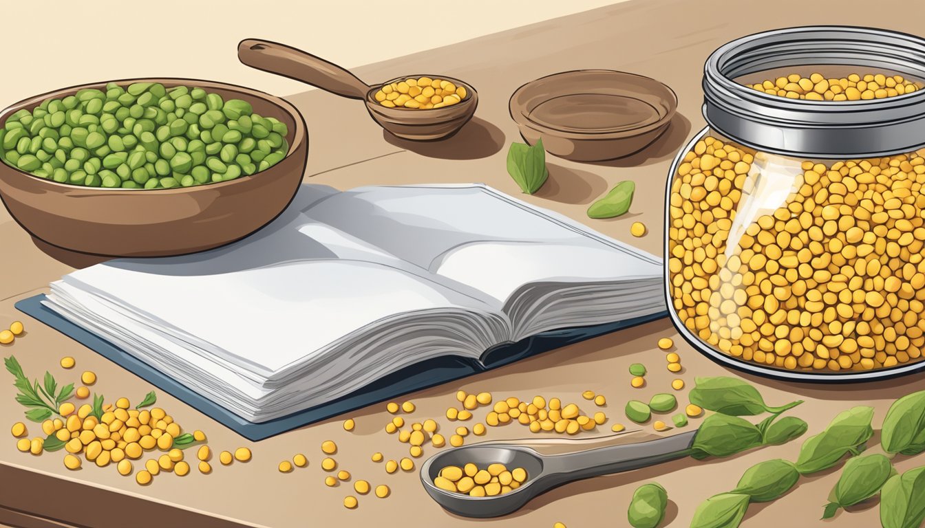 Yellow split peas in a glass jar on a kitchen counter, surrounded by various cooking utensils and a recipe book open to a page about cooking with split peas