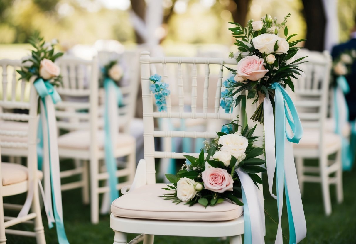 A groom's chair with a vacant seat, adorned with flowers and ribbons, awaits the traditional figure who sits next to him