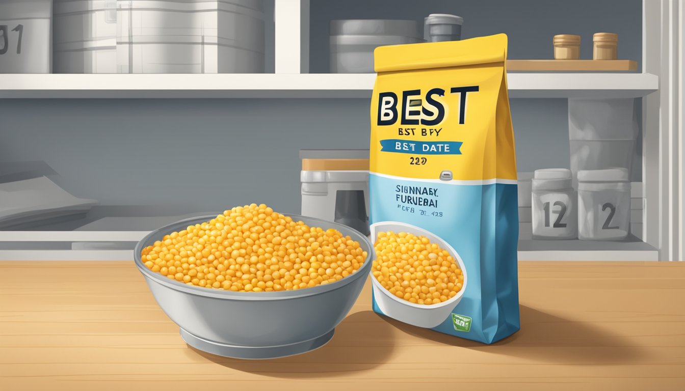 A bag of yellow split peas sits on a pantry shelf, next to a calendar showing the current date and a "best by" date several years in the future