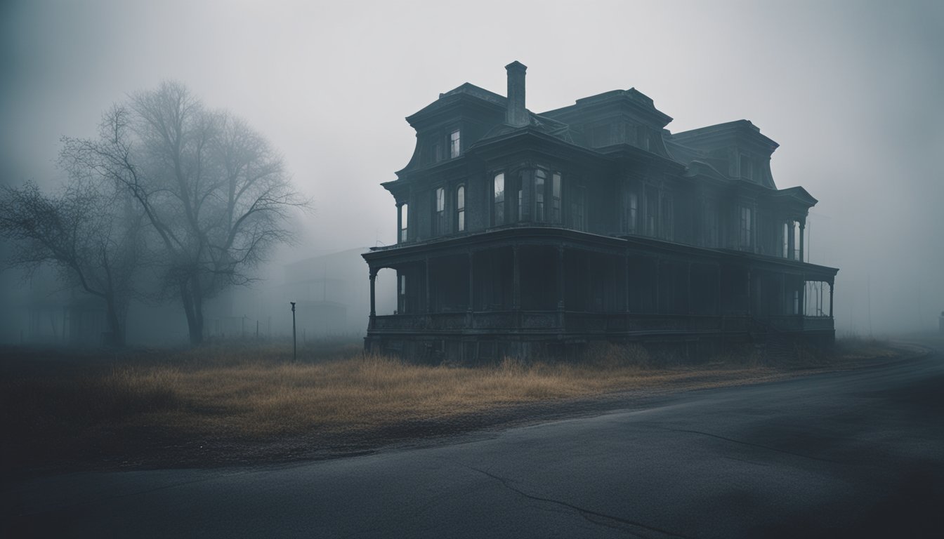 Uma cidade escura e abandonada com uma névoa assustadora e edifícios ominosos e decrépitos. Sombras sinistras pairam sobre as ruas desoladas, criando uma sensação de medo e desconforto.