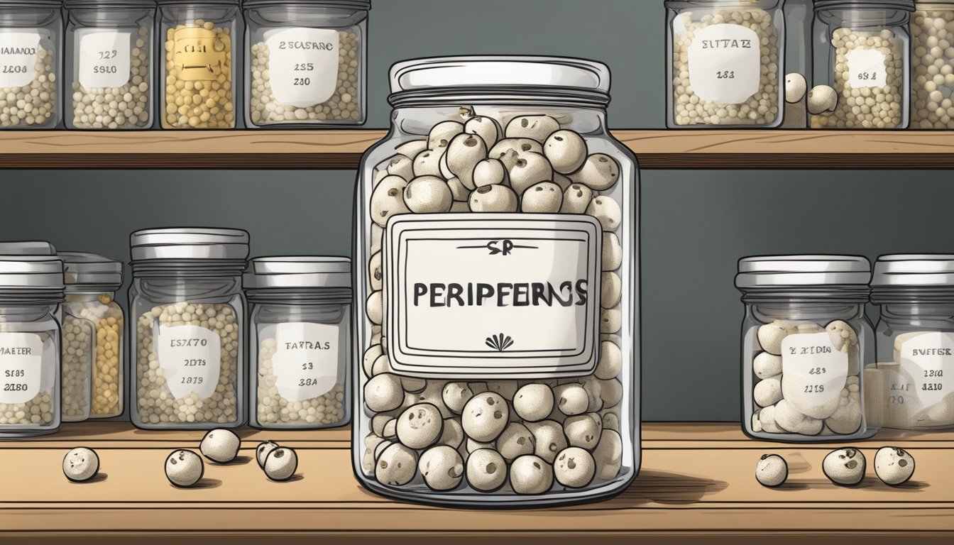 A jar of white peppercorns on a kitchen shelf, with a calendar showing the current date and a date in the future marked as an expiration date