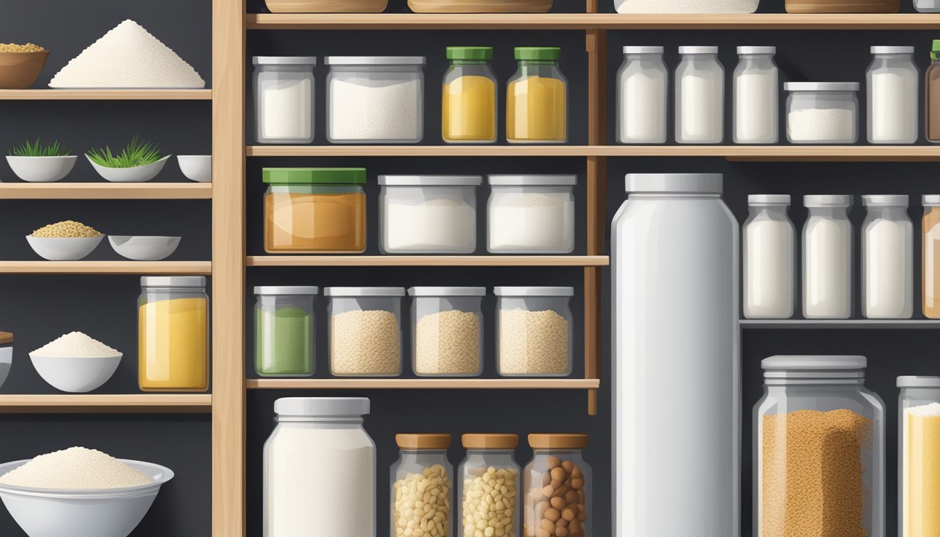 A tightly sealed container of white rice flour on a pantry shelf, surrounded by other baking ingredients