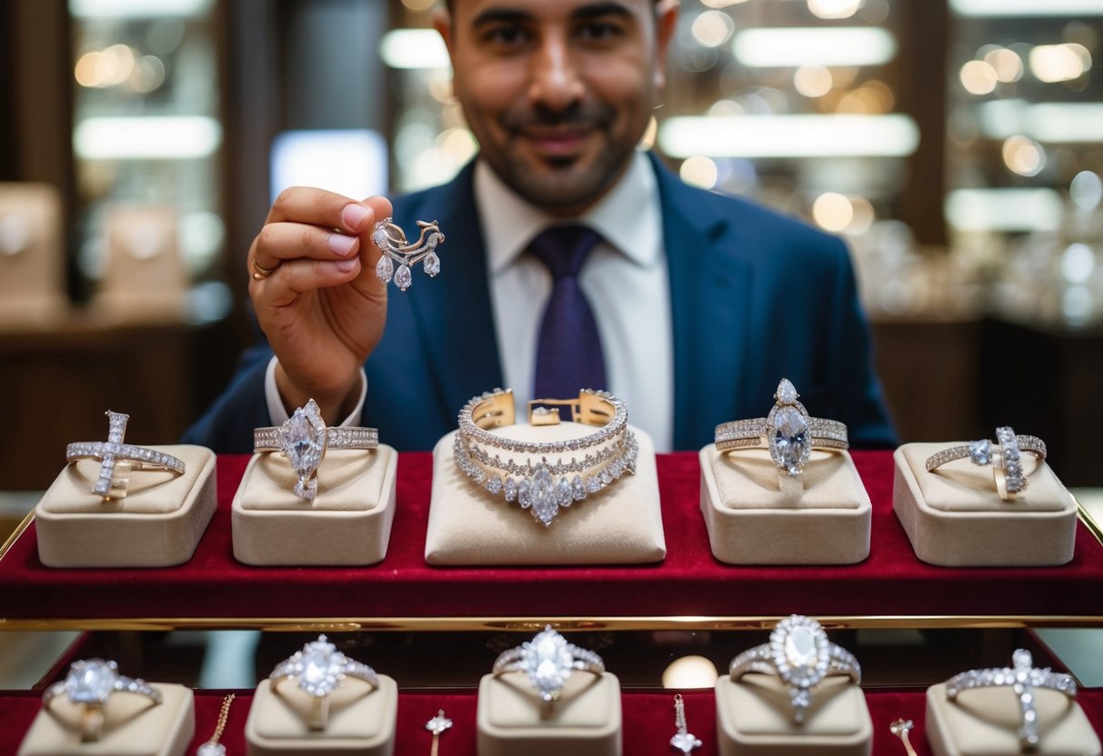 A jeweler presents a sparkling array of wedding jewelry on a velvet display, ready for a buyer