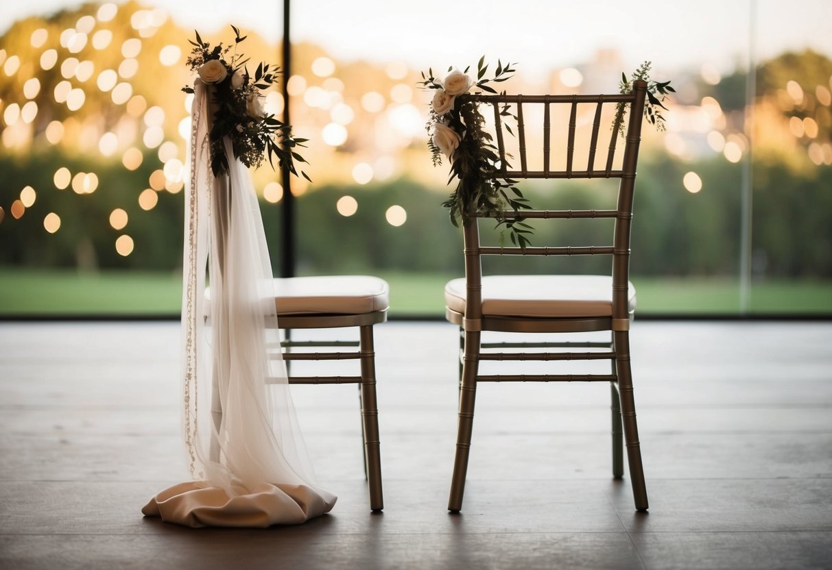 A single empty chair placed next to the groom's seat, adorned with matching decor