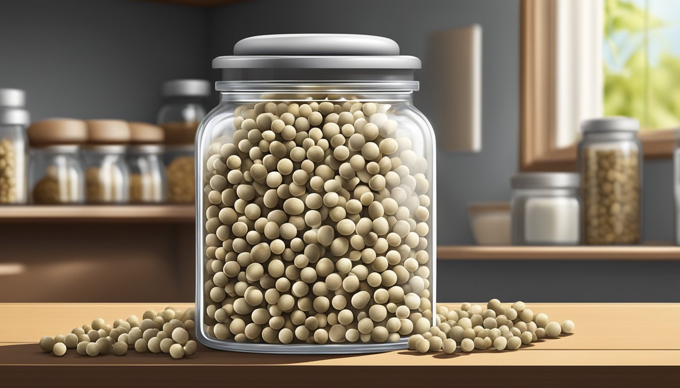 Airtight jar filled with white peppercorns on a shelf, away from direct sunlight and moisture