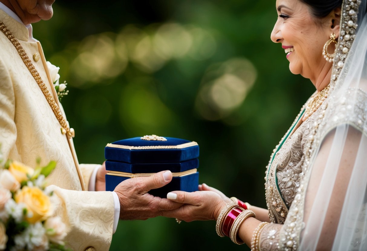 A parent or elder presents a jewelry box to a bride, symbolizing tradition and responsibility