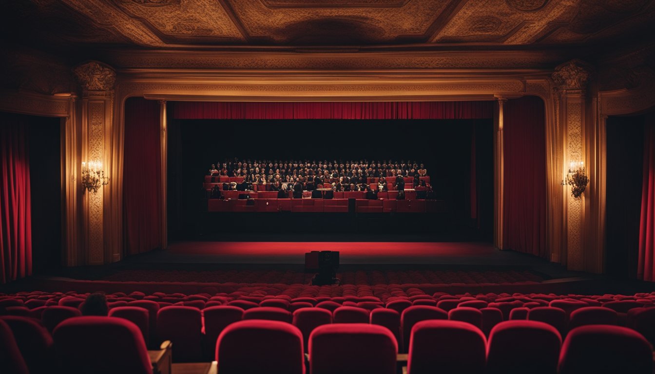 Um teatro escuro e sinistro com assentos de veludo vermelho e uma grande tela exibindo filmes de terror de Zé do Caixão. Atmosfera sombria com figuras sombrias espreitando ao fundo.
