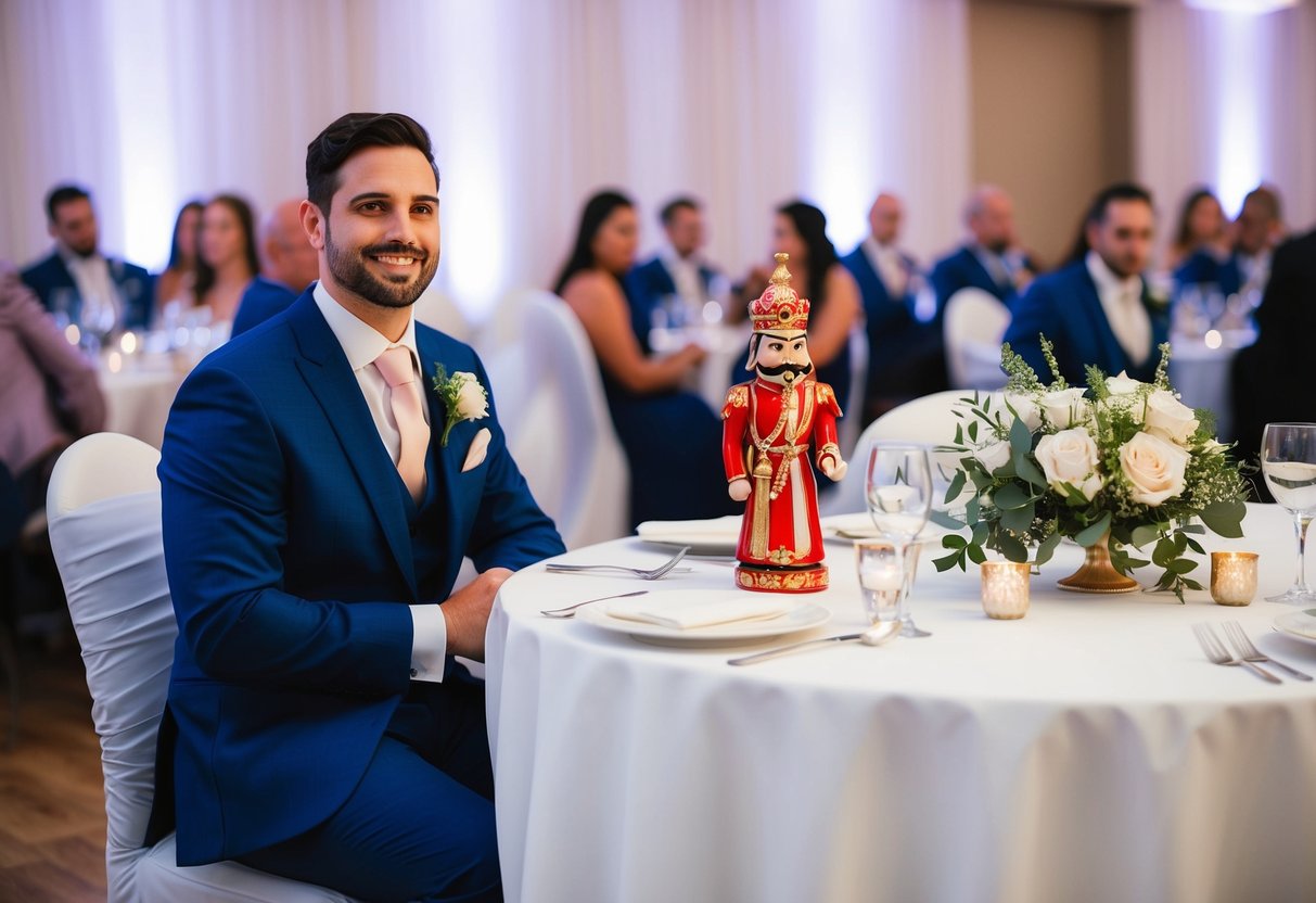 A groom's seat at a reception table, with a place setting for the traditional figure who sits next to him