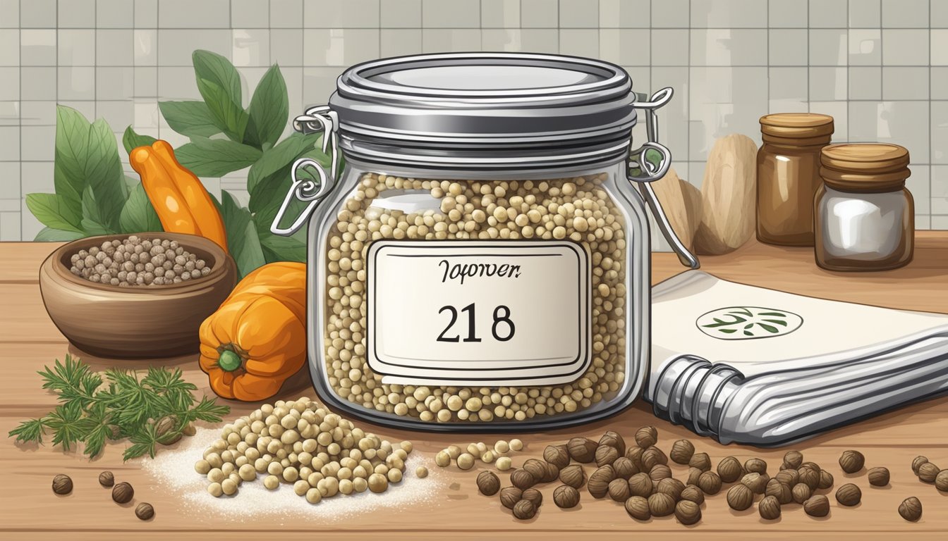 A jar of white peppercorns on a kitchen shelf, surrounded by other spices and ingredients, with a calendar showing the current date