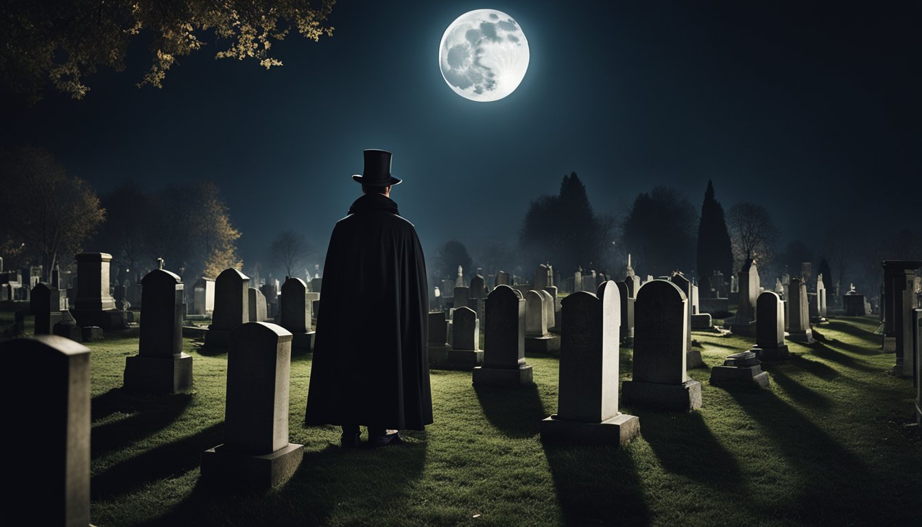 Um cemitério escuro e sinistro à noite, com uma lua cheia projetando longas sombras sobre as lápides. Uma figura em um longo manto preto e cartola espreita ao fundo.