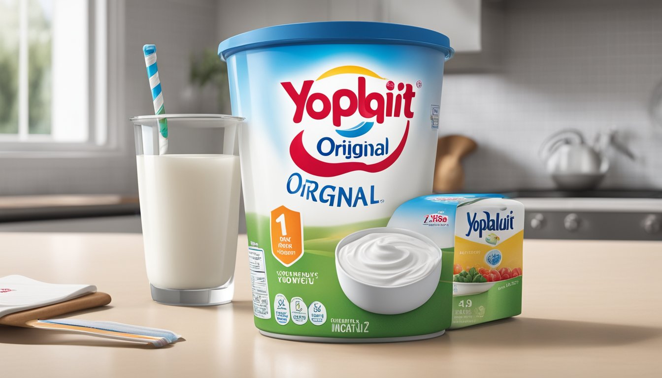 A carton of Yoplait Original Yogurt sits on a clean, white kitchen counter, surrounded by a calendar and a clock, indicating the passage of time