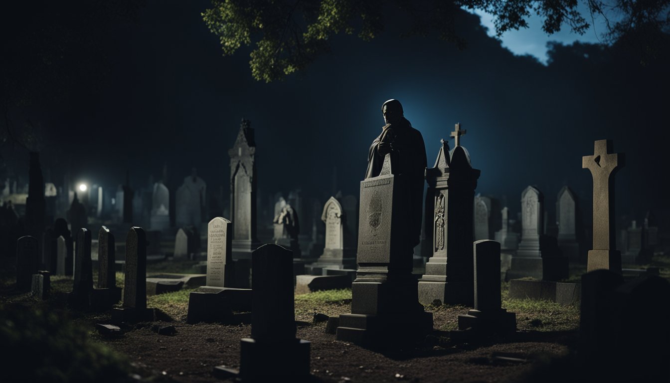 Um cemitério escuro e sinistro à noite, com a figura ameaçadora e imponente de Zé do Caixão de pé entre as lápides.