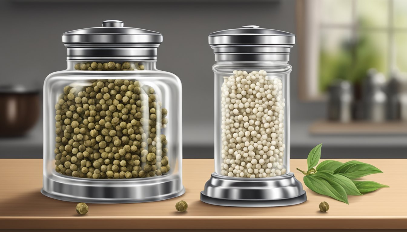 A clear glass jar filled with white peppercorns, sealed with a metal lid, placed on a kitchen shelf next to a pepper grinder