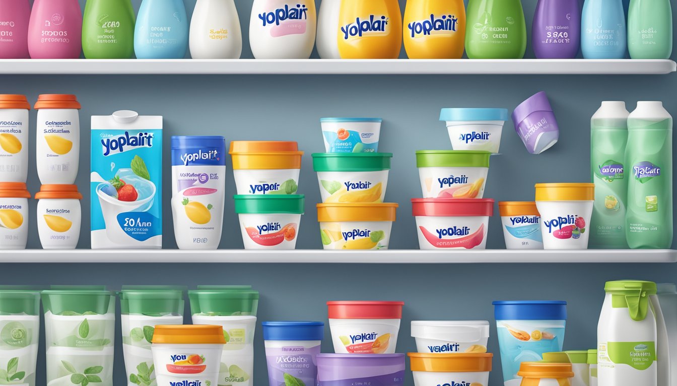 A colorful, unopened Yoplait Original Yogurt container sits on a clean, organized refrigerator shelf, surrounded by other dairy products