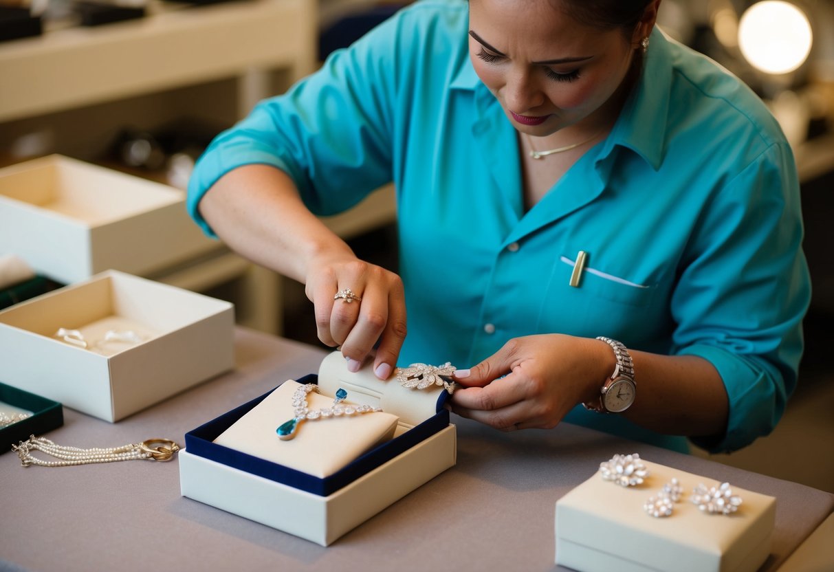 A jeweler carefully polishing and packaging bridal jewelry for post-wedding care and maintenance