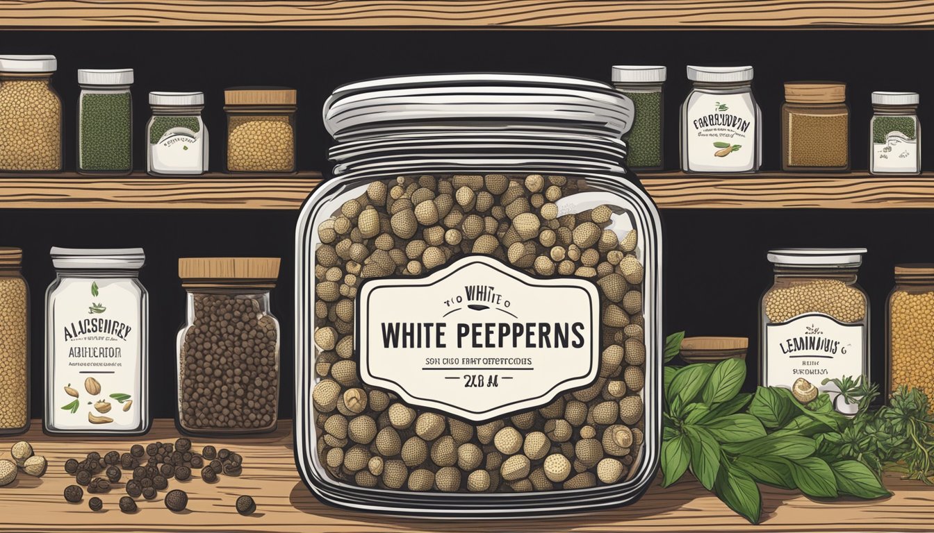 A jar of white peppercorns sits on a kitchen shelf, surrounded by other spices and herbs. The label on the jar indicates the expiration date