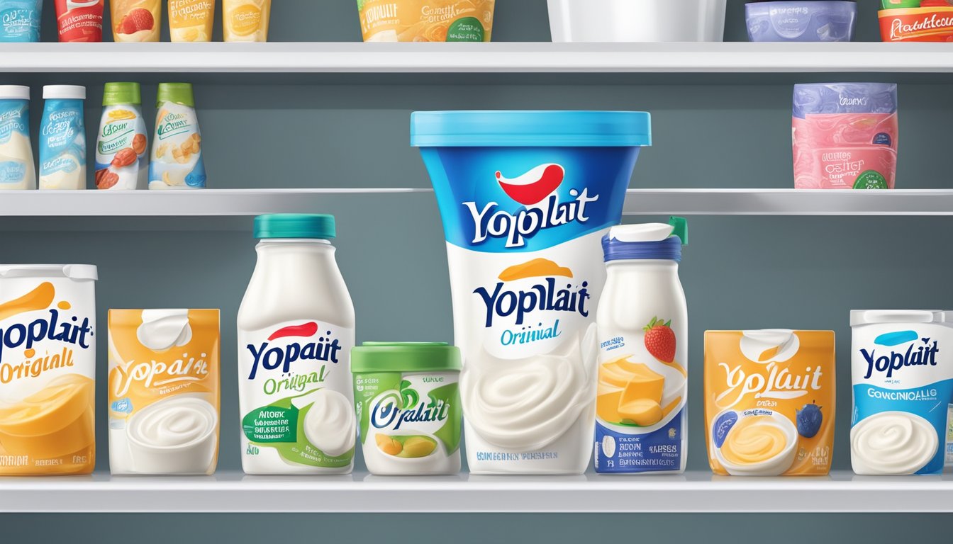 A refrigerator shelf with a carton of Yoplait Original Yogurt, surrounded by other dairy products and condiments