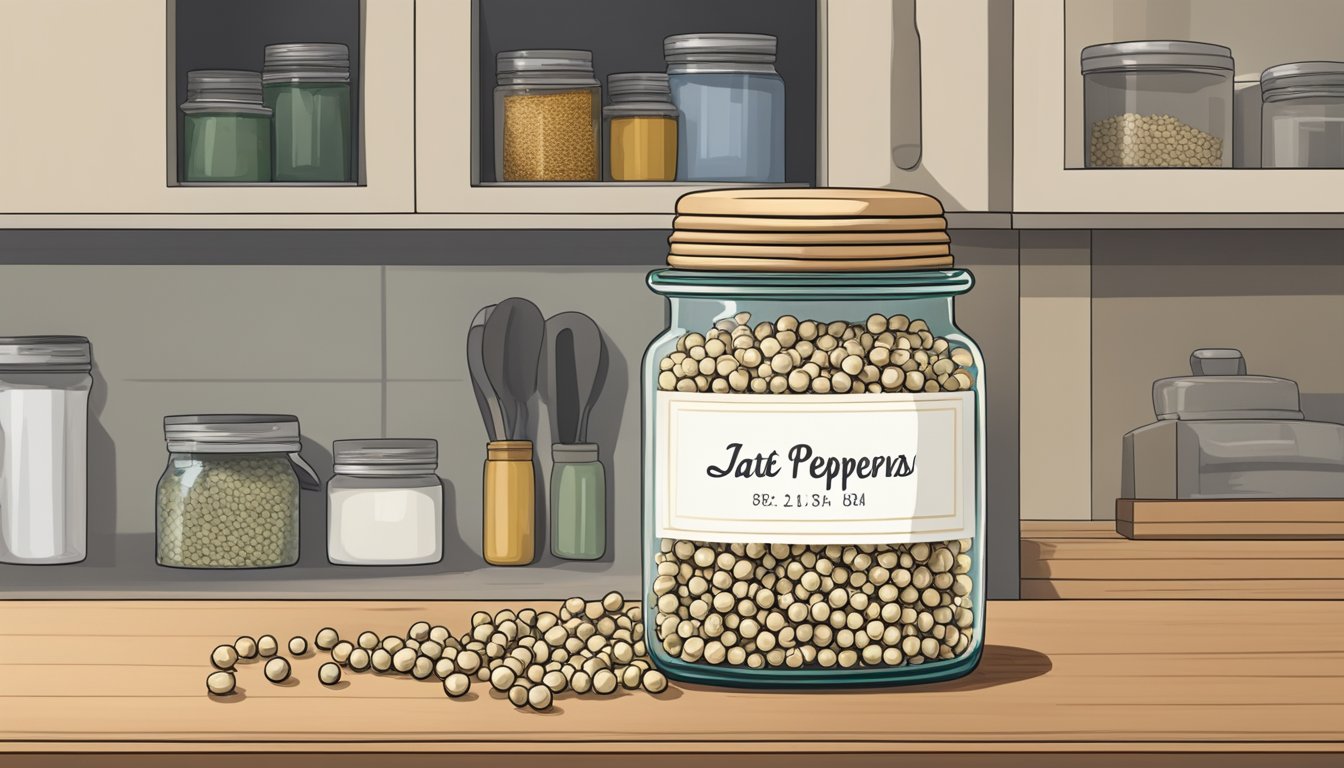 A jar of white peppercorns sits on a kitchen shelf, with a label indicating the date of purchase. Nearby, a calendar marks the current date