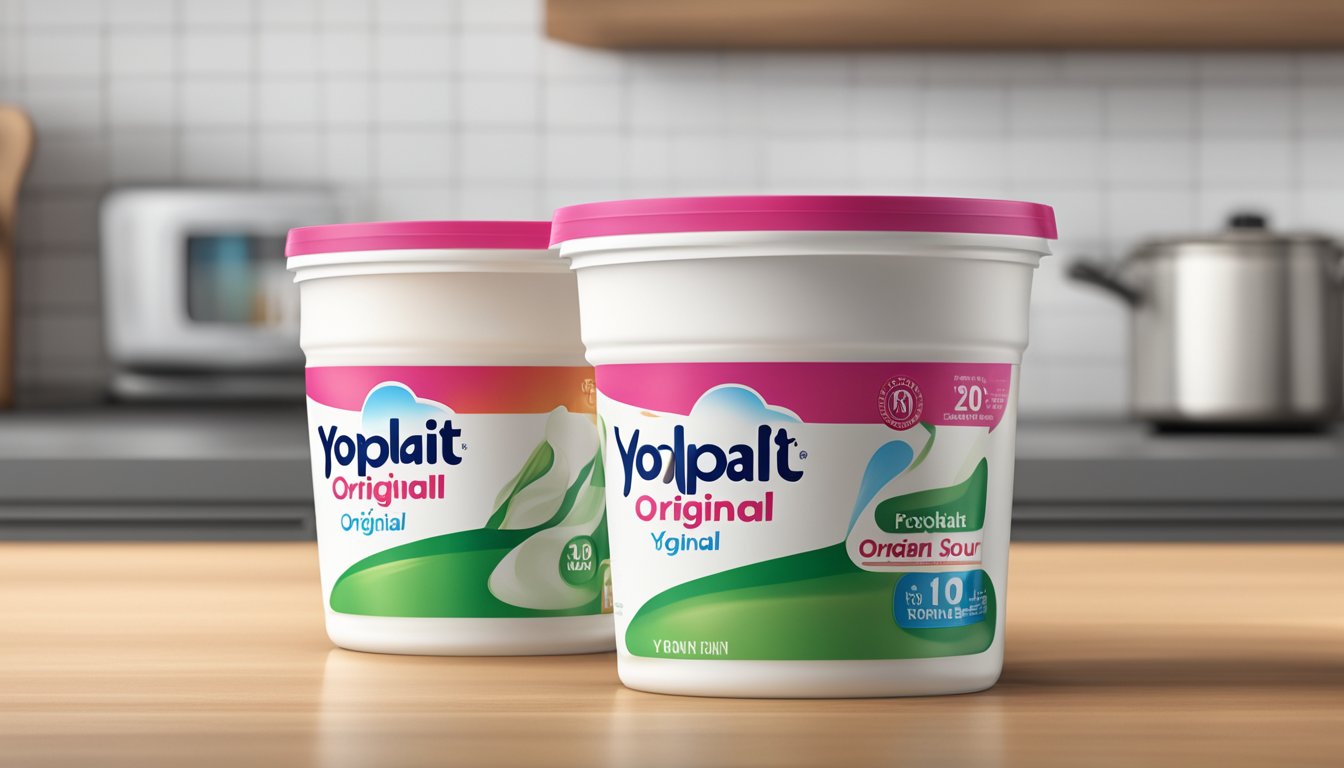 A carton of Yoplait Original Yogurt sits on a kitchen counter, its expiration date clearly visible. The yogurt inside is starting to separate and has a sour smell