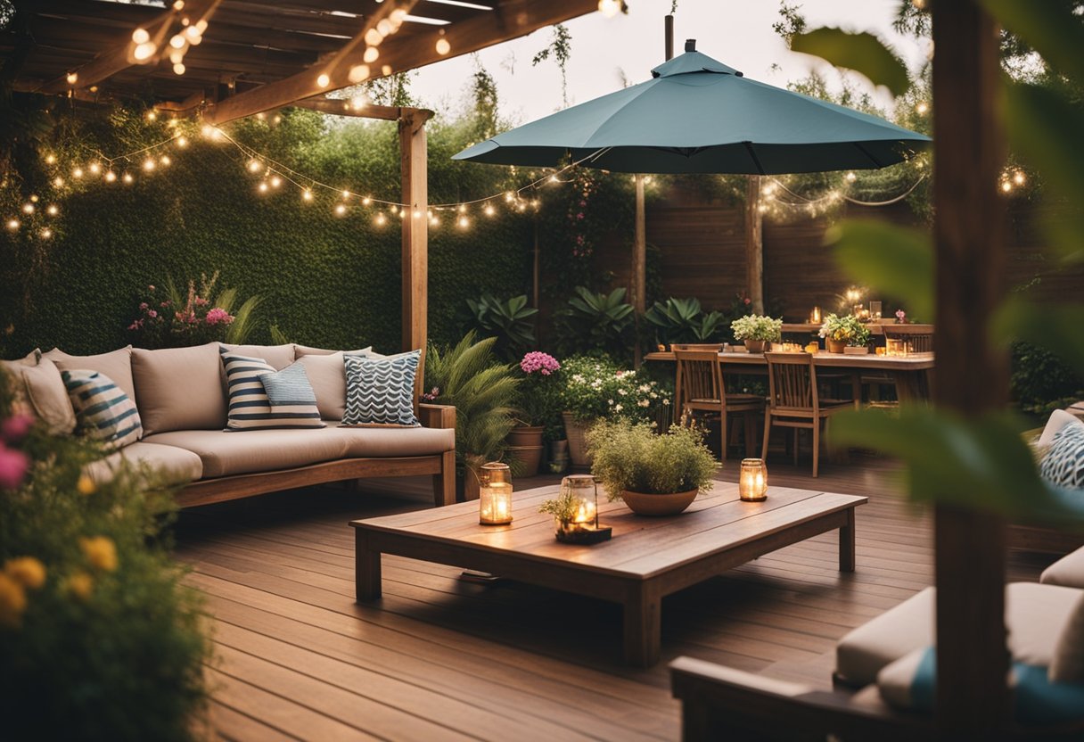 A spacious backyard with a wooden deck, surrounded by lush greenery and colorful flowers, with cozy seating areas and string lights creating a warm and inviting atmosphere