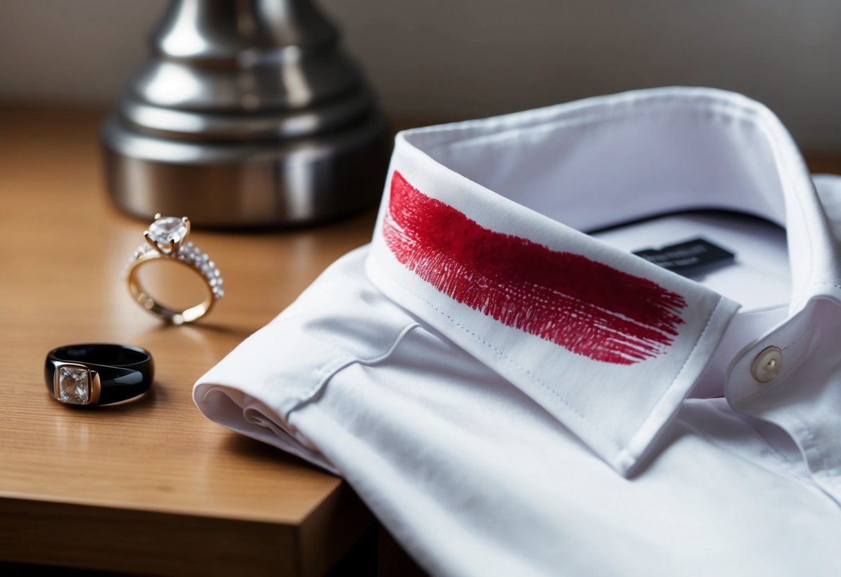 A red lipstick-stained collar on a white shirt next to a wedding ring on a nightstand
