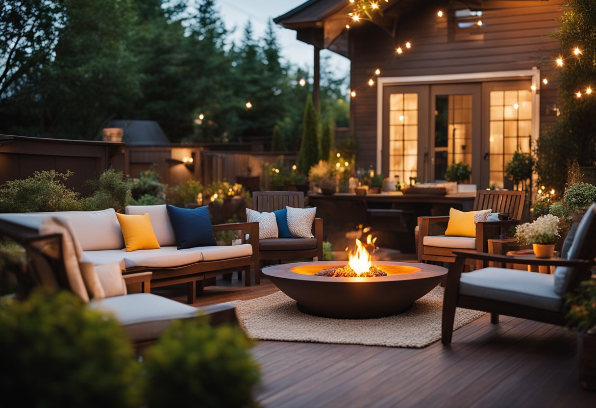 A cozy fire pit area on a wooden deck, surrounded by comfortable seating and soft lighting, nestled in a lush backyard garden