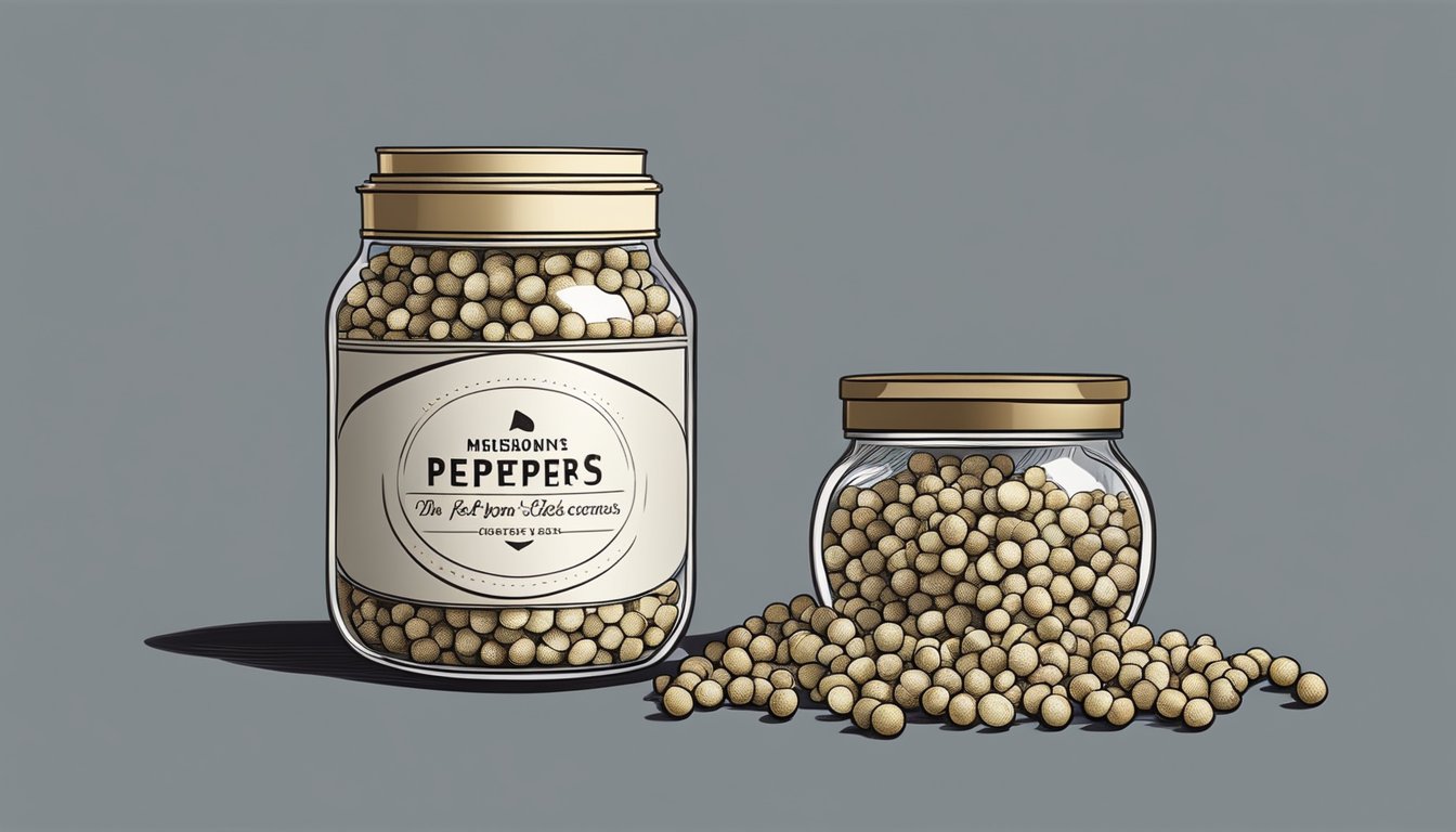 A jar of white peppercorns stored in a cool, dark pantry, sealed tightly to preserve freshness