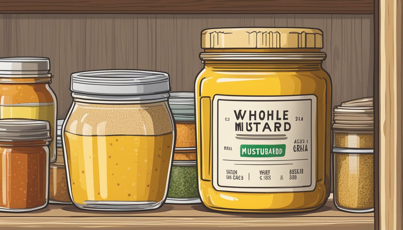 A jar of whole grain mustard sits on a shelf, surrounded by other condiments. The label indicates the expiration date