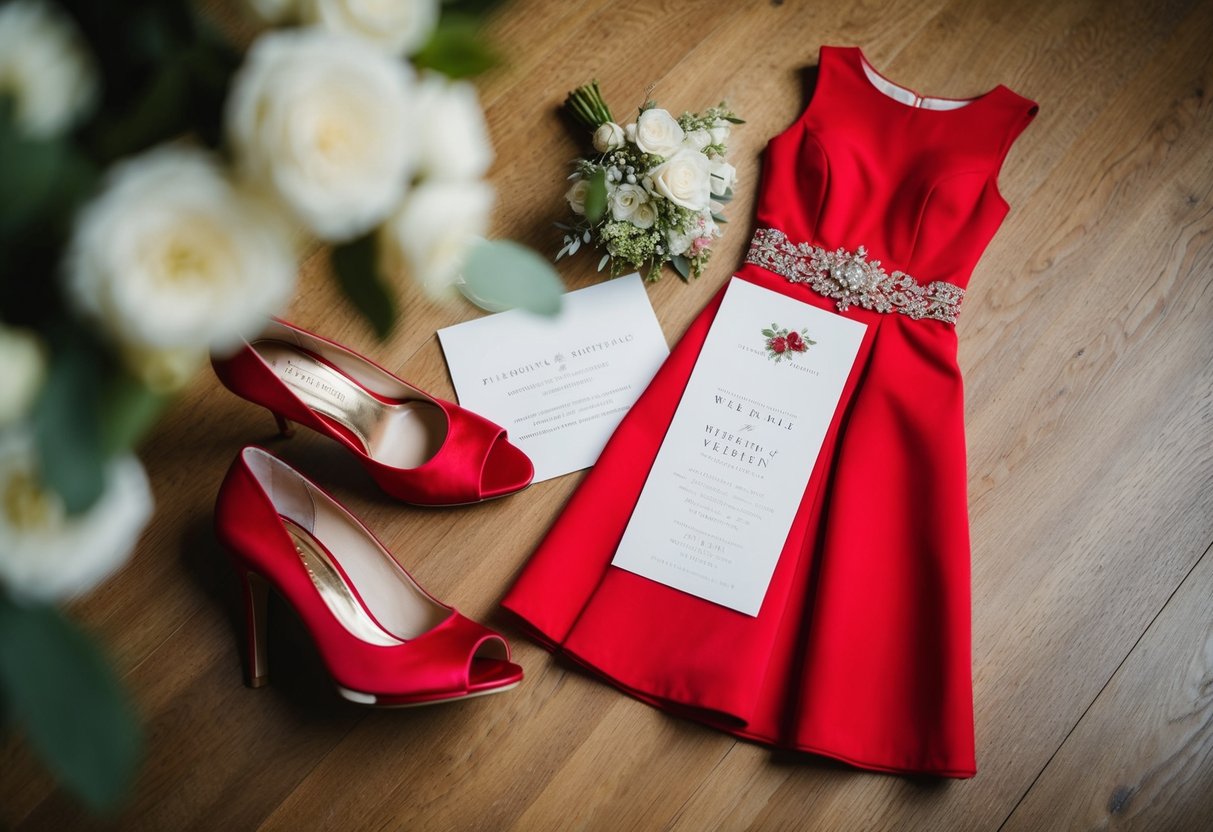 A red dress laid out next to a wedding invitation and a pair of heels