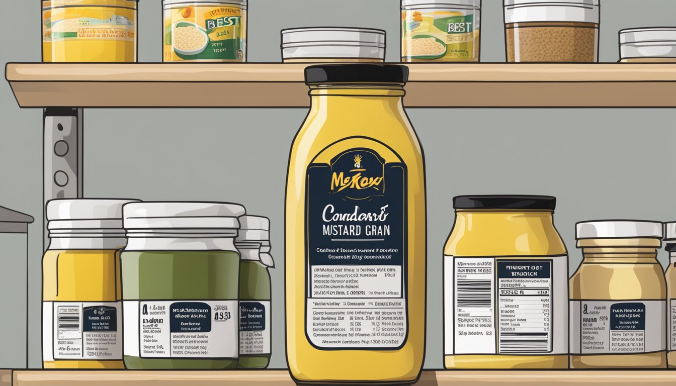 A jar of whole grain mustard sits on a shelf next to other condiments, with a "best by" date clearly visible on the label