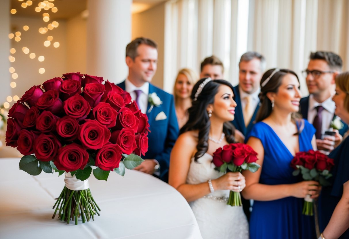 A bride's bouquet of red roses next to a gossiping group at a wedding reception