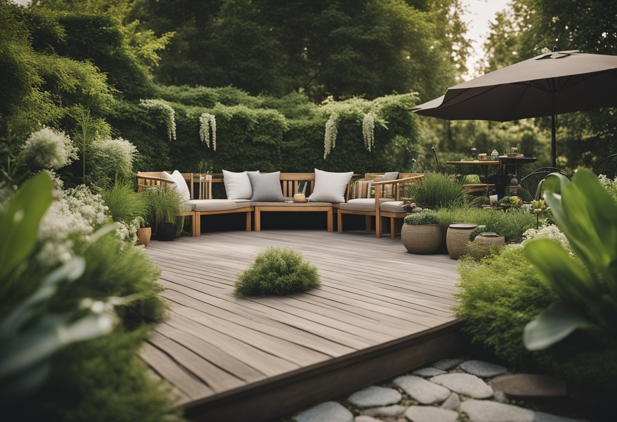 A cozy backyard with a mix of wood, stone, and greenery. A wooden deck with seating areas, surrounded by lush plants and a stone pathway