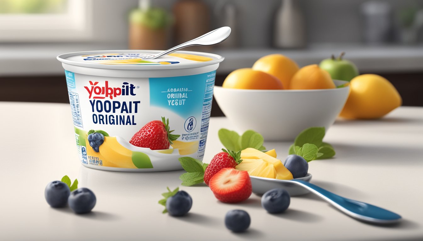 A bowl of Yoplait Original Yogurt sits on a kitchen counter, surrounded by fresh fruit and a spoon. The expiration date is visible on the packaging