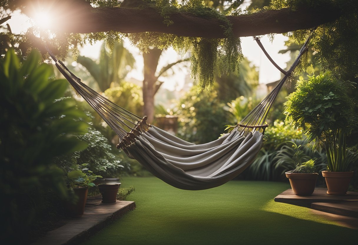 A cozy hammock hangs between two trees in a lush backyard corner, surrounded by potted plants and soft lighting